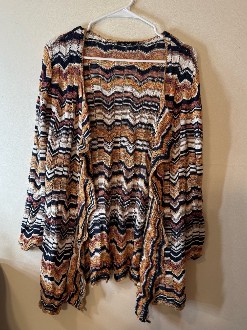 NIC+ZOE Open-Front Chevron Cardigan in Mustard, Black & White